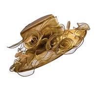 Lawliet Womens Ladies Organza Dress Church Wedding Occasion Wide Brim Feather Veil Sun Formal Royal Ascot Hat A341 (Gold)