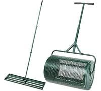 Lawn Care Set - 24 Inch Compost Spreader & 35x10 Inch Lawn Leveling Rake, Metal Mesh Push Spreader with T Shaped Handle for Garden Yard Care