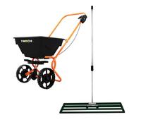 Lawn Leveller & Rotary Spreader Gritter Fertiliser Garden Levelling Rake Lute 100 x 32cm Green Removable Extendable Handle 1.15-1.9m Easy Grip 25kg Capacity Salt Grit Sand Seed Rain Cover & Gloves