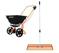 Lawn Leveller & Rotary Spreader Gritter Fertiliser Garden Levelling Rake Lute 100 x 32cm Orange Removable Extendable Handle 1.15-1.9m Easy Grip 25kg Capacity Salt Grit Sand Seed Rain Cover & Gloves