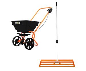Lawn Leveller & Rotary Spreader Gritter Fertiliser Garden Levelling Rake Lute 100 x 32cm Orange Removable Extendable Handle 1.15-1.9m Easy Grip 25kg Capacity Salt Grit Sand Seed Rain Cover & Gloves