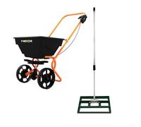 Lawn Leveller & Rotary Spreader Gritter Fertiliser Garden Levelling Rake Lute 50cm x 32cm Green Removable Extendable Handle 1.15-1.9m Easy Grip 25kg Capacity Salt Grit Sand Seed Rain Cover & Gloves