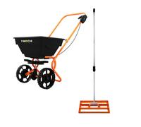 Lawn Leveller & Rotary Spreader Gritter Fertiliser Garden Levelling Rake Lute 50cm x 32cm Orange Removable Extendable Handle Easy Grip Salt Grit Sand Seed Rain Cover & Gloves Orange