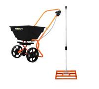 Lawn Leveller & Rotary Spreader Gritter Fertiliser Garden Levelling Rake Lute 50cm x 32cm Orange Removable Extendable Handle 1.15-1.9m Easy Grip 25kg Capacity Salt Grit Sand Seed Rain Cover & Gloves