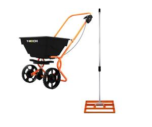 Lawn Leveller & Rotary Spreader Gritter Fertiliser Garden Levelling Rake Lute 50cm x 32cm Orange Removable Extendable Handle 1.15-1.9m Easy Grip 25kg Capacity Salt Grit Sand Seed Rain Cover & Gloves