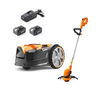 LawnMaster OcuMow 16 MX 24V Drop and Mow Robotic Lawnmower and Cordless Grass Trimmer Set, Orange