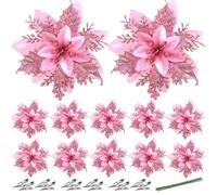 Lawnrden 12Pcs Poinsettia Flowers Artificial 5.5 Inch Glitter Poinsettias Artificial Christmas Flowers for Xmas New Year Wedding Party |Plastic decorations
