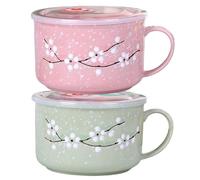 Lawnrden 2Pcs Soup Bowls with Handles, 800ml/28oz Sealing Heat-Resistant Microwave Soup Mug with Lid Floral Wintersweet Ceramic Travel Mug for Ramen, Noodle, Porridge| Cereal Bowls with Lids