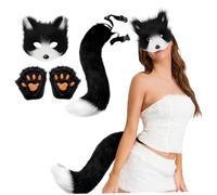Lawnrden 3Pcs/Set Therian Gear, Halloween Therian Mask and Tail, Gloves Set Black and White Half Face Fox Mask with Adjustable Buckle Furry Tail for Halloween Cosplay Cat | Furry