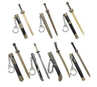 Lawnrden 7Pcs Mini Sword with 1Pc Display Bracket Ancient Style Sword Keychain Deocrative Hanging Charm for Purse, Backpack, Key