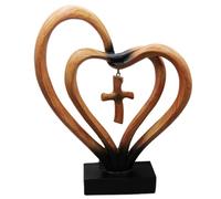 Lawnrden Carved Heart with Cross|Christian Decor Standing Religious Gifts with 2 Joined Hearts Resin Christian Home Decor for Wedding Shelf Tabletop