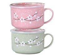 Lawnrden Ceramic Travel Mug with Lid, 2Pcs Soup Bowls with Handles, 800ml/28oz Sealing Heat-Resistant Microwave Soup Mug with Lid Floral Wintersweet Ceramic Travel for Ramen, Noodle, Porridge