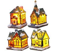 Lawnrden Christmas Decorations, Christmas Village Houses 4Pcs DIY Light Up Resin Winter Village Sets Simulation Miniature Decorative for Home Party Tabletop
