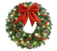 Lawnrden Christmas Door Wreath, Christmas Wreath with LED Lights, 16 Inch Pre-lit Hanging with Large Bow, Pinecone, Red Berries for Front Door Holiday Decor
