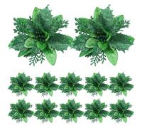 Lawnrden Christmas Glitter, Poinsettia Artificial Flowers 12PCS 5.5in Double-layered Christmas Flowers Shinning Sprakled Tree Decorations for Wreath Garlands Green