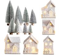 Lawnrden Christmas Village Houses|Christmas Village Sets Light Up Flocked White Houses with 8 Mini Tree Battery Powered Wooden Winter for Tabletop, Shelf, Mantel