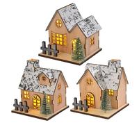 Lawnrden Christmas Village Sets 3PCS LED Light Up Wood Christmas Village Houses Battery Powered Mini House Decorations for Table, |Collectible Buildings Accessories
