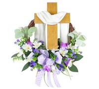 Lawnrden Easter Door Sign Easter Wreath for Front Door Religious Hanger Cross Wreath Wall Decorations Christian Flowers Lent Hanging Hanger for Farmhouse Front Porch