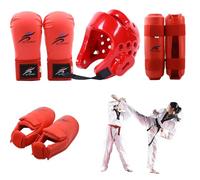 Lawnrden Karate Sparring Gear Protective Polyester Taekwondo Sparring Gear Includes 1Pc Helmet, 1 Pair Gloves & 1 Pair Leg Guard, Also for Biking, Martial Art & More, Red, S