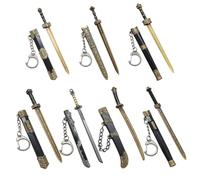 Lawnrden Mini Katana Keychain, 7Pcs Chinese Ancient Mini Sword Keychain Metal Katana Toy Model with Pull Out Sword Shaped Letter Parcel Opener Ornaments