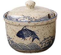 Lawnrden Salt Container, Sugar Bowl with Lid and Spoon, Ceramic Salt Bowl with Japanese Pattern & Earmarked Hole Seasoning Container for Sugar, Pepper, Spices, Jams, Tea, Coffee