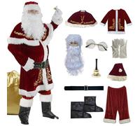 Lawnrden Santa Costume 1Set/12Pcs with Gold Print Polyester Santa Costume Adult Men Red White Comfortable Christmas for Christmas Holiday Party Cosplay, XL|Costumes