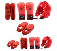 Lawnrden Sparring Gear Protective, Karate Sparring Gear Protective Polyester Taekwondo Includes 1Pc Helmet, 1 Pair Gloves & 1 Pair Leg Guard, Also for Biking, Martial Art & More, Red, S
