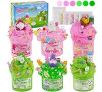 LAWOHO 6 Packs Bunny Pink Slime Kit -Cloud Clear Butter Slimes with Easter Charms & Add-ins, Soft Fluffy Slimes Kits for Girls & Boys, 360ml Pink & Green Easter Slime Making Kit Party Favor for Kids