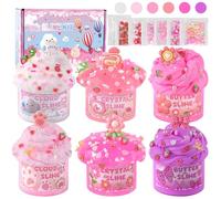 LAWOHO 6 Packs Gradient Pink Slime Kit - Cloud, Clear & Butter Slime Making Kit for Kids, Soft & Non Sticky Fluffy Slimes Kits for Girls & Boys with Cute Charms & Add-ins, 360ml Slimes Party Favors
