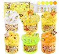 LAWOHO 6 Packs Gradient Yellow Slime Kit - Clear, Butter, Cloud & Fluffy Slimes for Kids with Charms & Animal Add-ins, Party Favors for Girls & Boys, 360ml Non-Stick