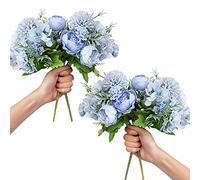 LAWOHO Artificial Flowers 4 Packs Blue Fake Peony Silk Hydrangea Bouquet Decor Plastic Carnations Daisy Realistic Flower Home Office Party Decor Arrangements Wedding Decoration Table Centerpieces