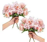 LAWOHO Artificial Flowers 4 Packs Pink Fake Peony Silk Hydrangea Bouquet Decor Plastic Carnations Daisy Realistic Flower Home Office Party Decor Arrangements Wedding Decoration Table Centerpieces