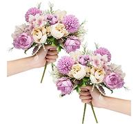 LAWOHO Artificial Flowers 4 Packs Purple Fake Peony Silk Hydrangea Bouquet Decor Plastic Carnations Daisy Realistic Flower Home Office Party Decor Arrangements Wedding Decoration Table Centerpieces