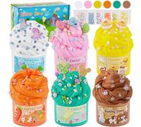 LAWOHO Butter Slime Kit Easter Basket Stuffers - 6 Prefilled Easter Eggs with Butter Slime & Cute Slimes Add-ins, Soft & Non Stick Fluffy Slimes for Birthday Party Favors for Girls & Boys Egg Fillers