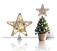LAWOHO Christmas Tree Topper Retro Woven Star with Lights, Farmhouse Christmas Decor, Mini Rustic 6 Inch Star with 6H Timer, Light Up Christmas Tree Decorations, for Xmas Tree, Holiday, Party