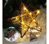 LAWOHO Christmas Tree Topper Star, 10-inch Rustic Brown Rattan Natural with 10 Warm White Lights Three Functions with Timer, Seasonal Decoration for Festive Christmas Indoor Ornament