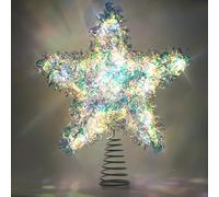 LAWOHO Christmas Tree Topper Tinsel Star, Exquisite Christmas Decor, 10 Inch Shiny Iridescent Christmas Tree Decoration with 6H Timer, 20 Warm LED Lights for Xmas Tree, Holiday & Party, Indoor Decor