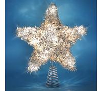 LAWOHO Christmas Tree Topper Tinsel Star, Exquisite Christmas Decor, 10 Inch Shiny Silver Christmas Tree Decoration with 6H Timer, 20 Warm LED Lights for Xmas Tree, Holiday & Party, Indoor Decor