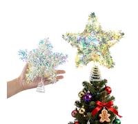 LAWOHO Christmas Tree Topper Tinsel Star, Exquisite Christmas Decor, Mini Shiny Iridescent 6 Inch Christmas Tree Decoration with 6H Timer, 10 Warm Lights for Xmas Tree, Holiday & Party, Indoor Home