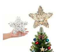 LAWOHO Christmas Tree Topper Tinsel Star, Exquisite Christmas Decor, Mini Shiny Silver 6 Inch Christmas Tree Decoration with 6H Timer, 10 Warm LED Lights for Xmas Tree, Holiday & Party, Indoor Home