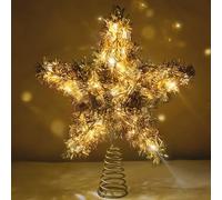 LAWOHO Christmas Tree Topper Tinsel Star, Vintage Christmas Decor, 10 Inch Retro Golden Christmas Tree Decoration with 6H Timer, 50 Warm LED Lights for Xmas Tree, Holiday & Party, Indoor Decor