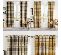 LAWRENCE CAPRINO Pair of Eyelet Check Curtains Natural Fully Lined Ring Top Curtain for Bedroom Living Room-Grey Ochre with Matching Cushions Cover (Check Grey, 66" Width x 72" Drop (168 x 183cm))