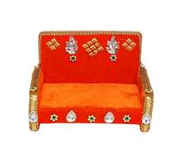 Laxmi Ganesha Radha Krishna God Aasan Sofa Chair Singhasan Wooden Throne for God Pair Idols Flower Beads Stone Design for Indian Traditional Puja Temple Janmashtami Festival Decor (Orange-Size-7"X4")