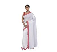 Laxmi Handloom Women's Traditional Bengal Handloom Pure Cotton Plain Saree, White, One Size