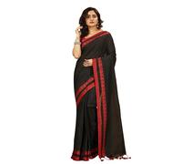 Laxmi Handloom Women's Traditional Bengal Handloom Soft Cotton Saree (Love Border Design with Running Blouse Piece), Black Red, One Size