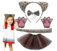 laxreheye Leopard Print Headband with Leopard Cat Ears - Costume 5 x Set Halloween Cat - Headband, Bow Tie, Tutu, Claws Animals Cosplay Set for Girls