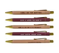 Lay-Down Pen Set - 5 Pieces Retractable Quick Dry Smooth Writing Funny Quotes Novelty Pen for Wine Lovers | For Office Desk Signatures, Meeting Notes, Journa