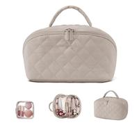 Lay Flat Makeup Bag for Women Wide Open Water-Resistant Cosmetic Case Puffy Padded Organizer with Large Capacity and Compartments Petition Makeup Bag for Festivals Toiletries and Brushes (Khaki)