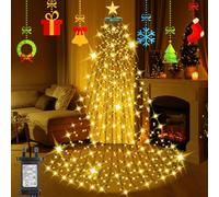 Laybasic Christmas Tree Lights with Topper Star & Ring, 3m x 16 Strands 490 LEDs Xmas Tree Waterfall Lights, with Timer 8 Modes Memory, for 9-12ft Christmas Tree, IP44 Waterproof for Indoor Outdoor