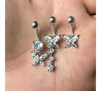 LAYCHEN 3 Pieces/set 14g Butterfly Navel Piercing Oreja Sliver Cz Dangle Belly Button Ring Sexy Belly Bar Body Piercing Jewelry For Women Orelha